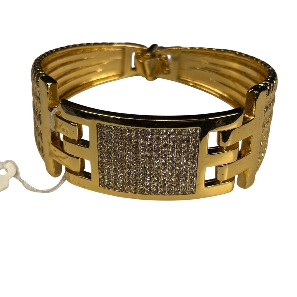 Gold Tone Cuff Bracelet Rhinestone Accent Hinged Clasp Wide Statement Bangle